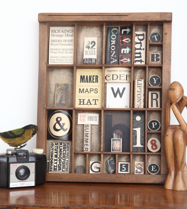 Love Typography themed assemblage art in old lettrepress printers tray