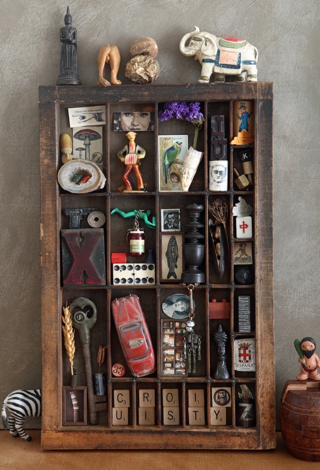 Up Cycled and re purposed Hamilton printers type case drawer used for a quirky display