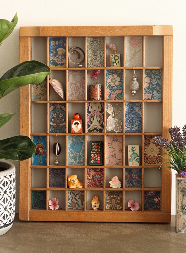 Lovely Printers Tray Cabinet Display Case with William Morris Prints, Handmade Curios and Vintage items