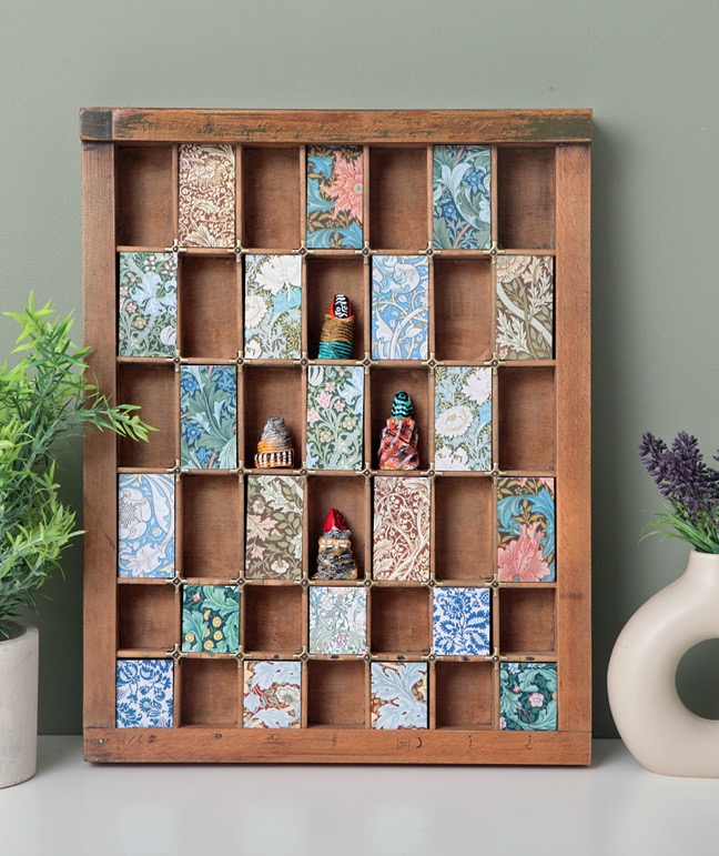 Lovely Wall Art Display of William Morris Prints and Little Vases in a Vintage Letterpress Printers Type Case