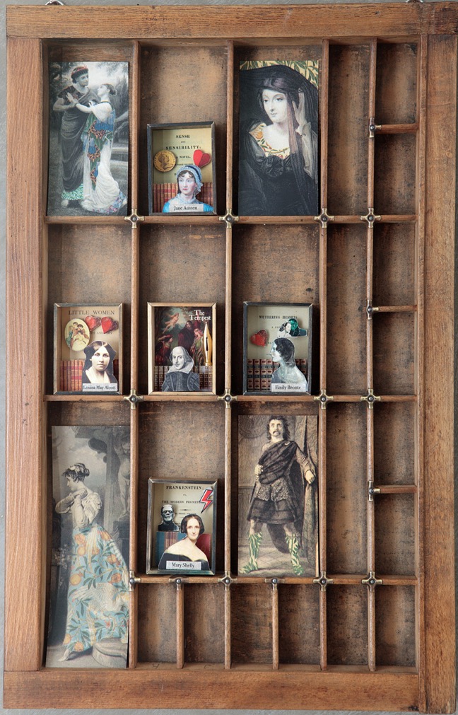 ￼￼Cabinet of little artworks Troilus and Cressida, Olivia in Twelfth Night, Romeo & Juliet and Mcbeth and old prints in an old antique letterpress printers tray type case drawer