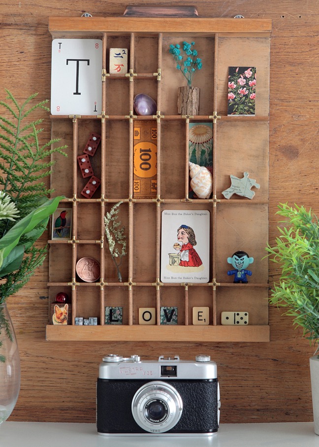 Old Letterpress printers tray used as a display for little quirky items and collectables