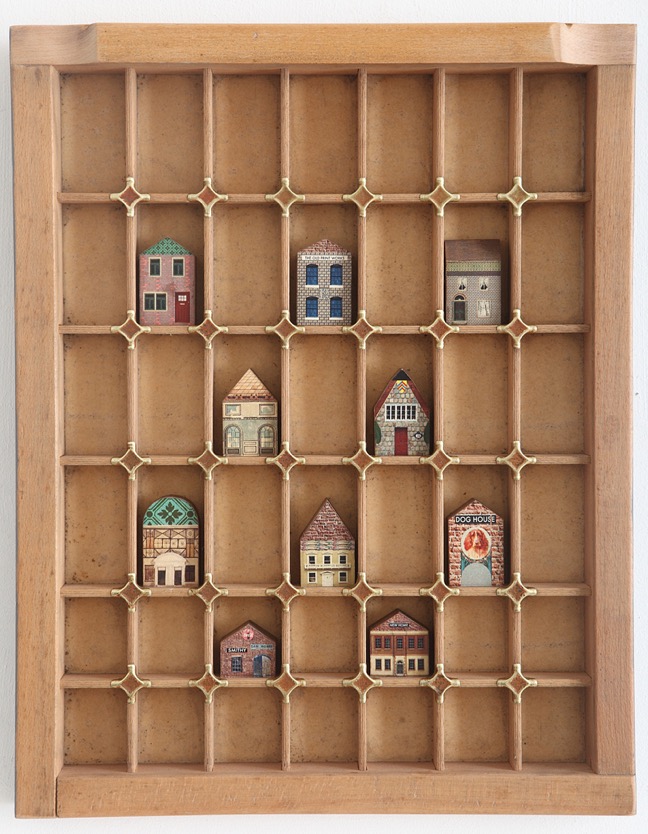 Re purposed up cycled printers tray drawer type case little wooden buildings