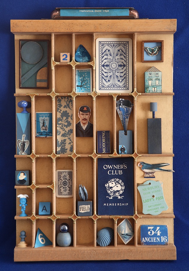 BLUE is the colour printers tray artwork in re purposed letterpress printers tray