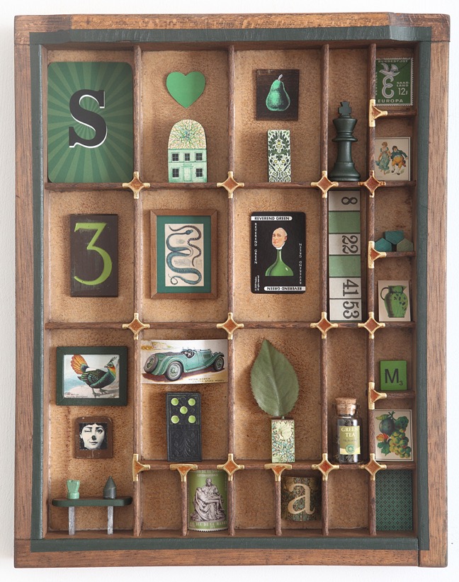 Green themed artwork in vintage re puposed upcycled printers tray drawer type case