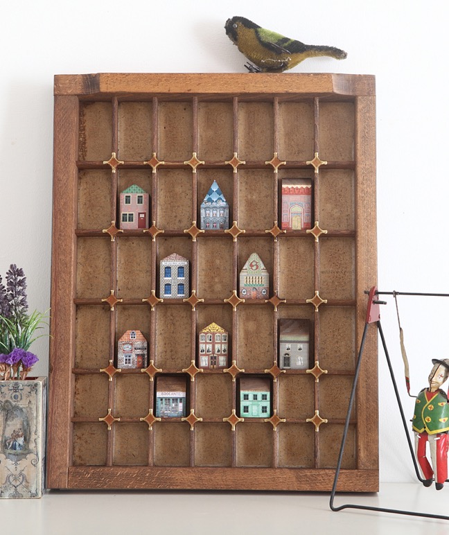 Vintage printers tray re purposed as display for little handmade wooden houses