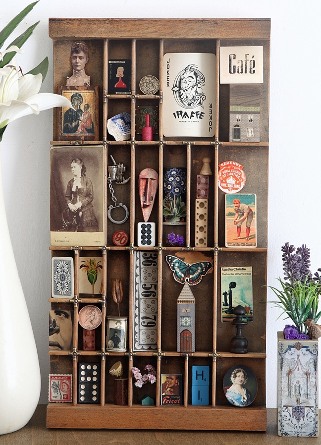 Up Cycled and re purposed Hamilton printers type case drawer used for a quirky display