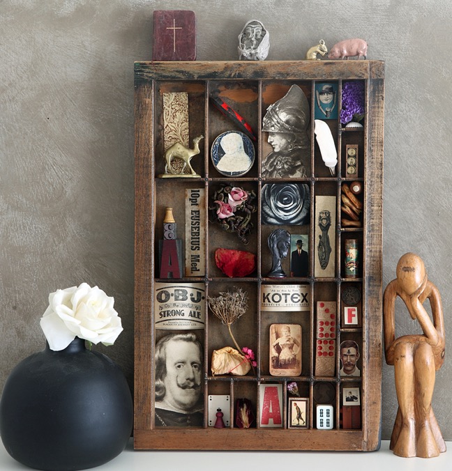 Up Cycled and re purposed Hamilton printers type case drawer used for a quirky display