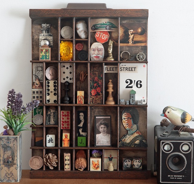 Great quirky cabinet of curios in an antique letterpress printers type case