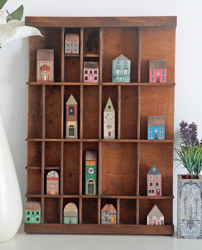 Re purposed Antique printers tray used as a display for little quirky handmade houses & buildings