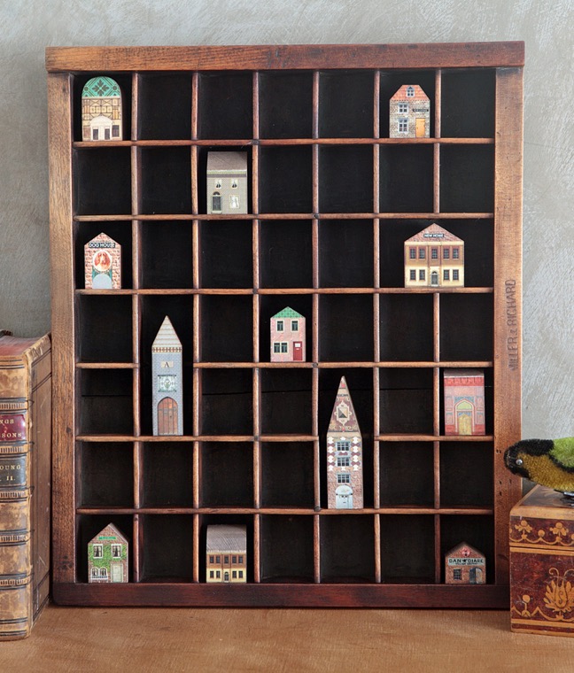Antique Miller & Richard of Edinburgh printers type case used as a display case for vintage syle wooden houses & buildings 