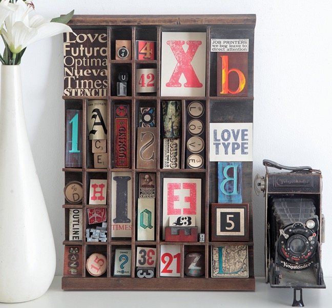 Quirky typography themed artwork in a vintage letterpress printers tray type case drawer