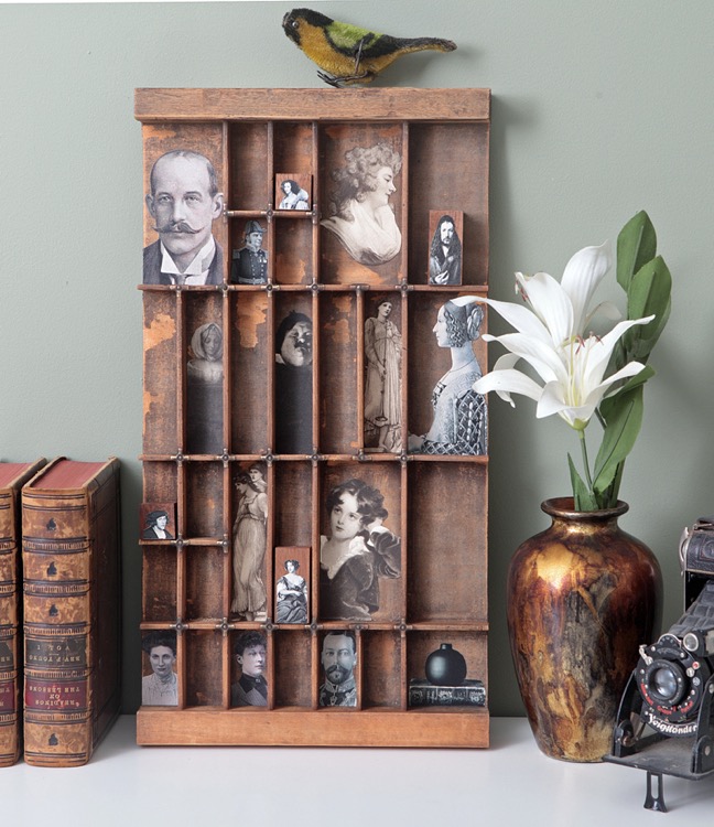 Quirky printers tray artwork display in old antique type case