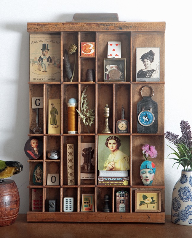 Great quirky cabinet of curios in an vintage letterpress printers type case