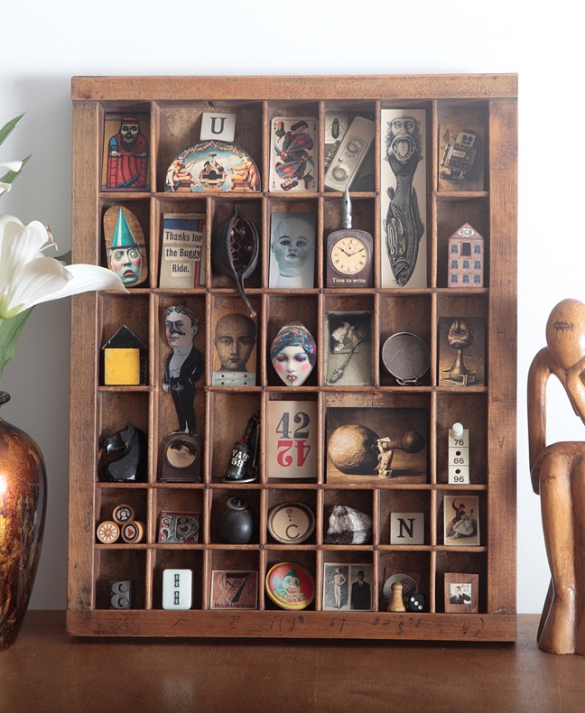 Great quirky cabinet of curios in an vintage letterpress printers type case