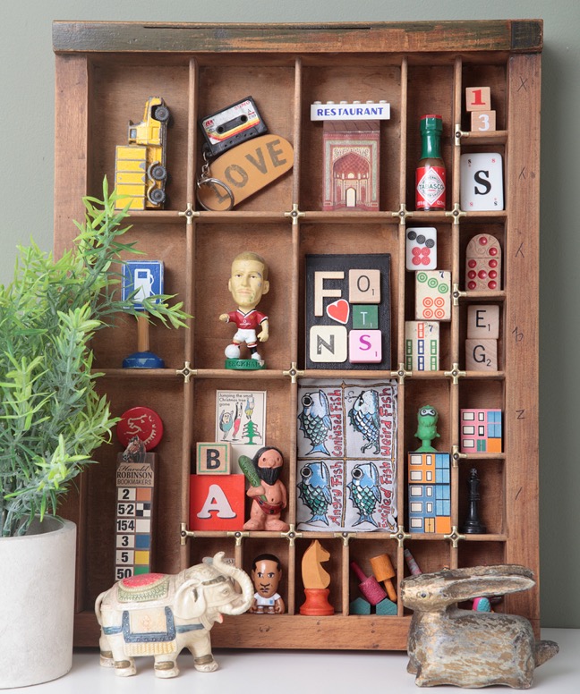 Great Quirky Cabinet of Curios in an Antique Letterpress Type Case Printers Drawer Display Case