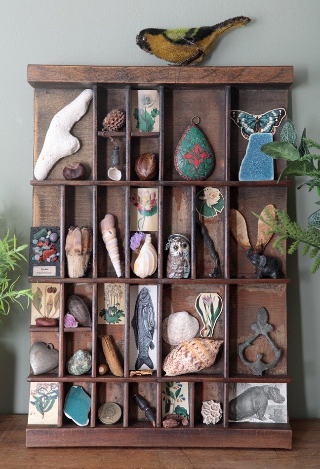 Lovely little collection of vintage floral prints and quirky little found items all displayed in an antique letterpress printers type case drawer