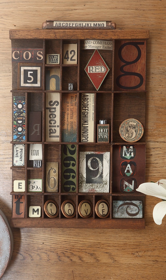 Typographic themed artwork in old letterpress printers tray type case